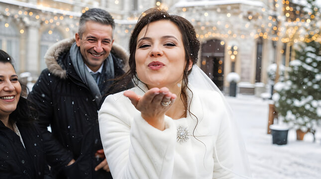 Bride blowing kisses in the snow, joyful mood, winter wedding celebration outside
