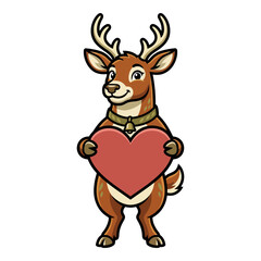 Fototapeta premium Charming cartoon reindeer holding a large heart, perfect for holiday and romantic themes