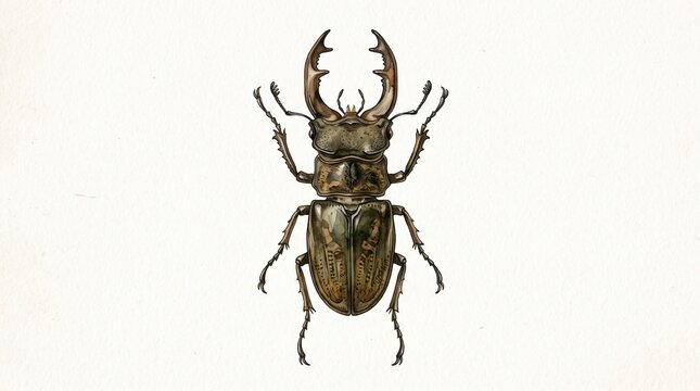 Stag Beetle Illustration: A detailed illustration of a stag beetle showcasing its powerful mandibles and segmented body, a representation of natural entomology and insect anatomy.