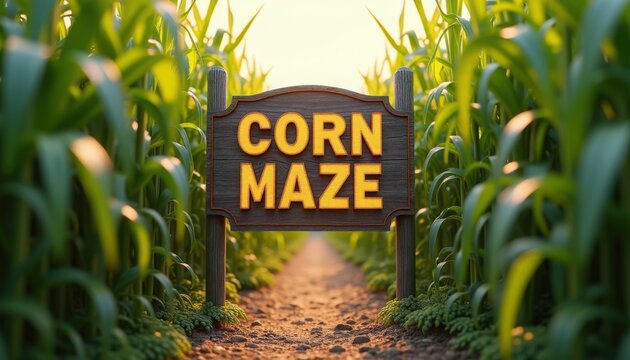 Corn maze entrance sign between tall green corn stalks, narrow dirt pathway leading into winding rows under warm sunlight, families exploring seasonal farm attraction during autumn harvest,