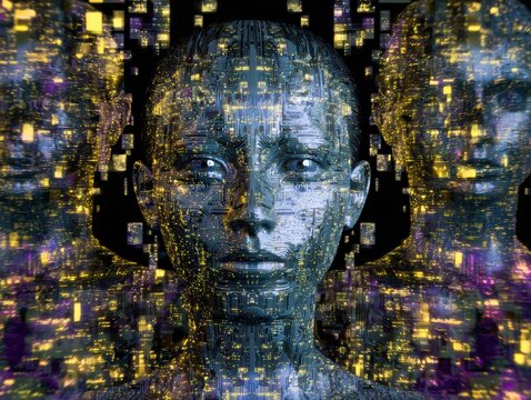 Reflective metallic androids dominate luminous digital cityscape. Multiple shiny robotic heads in vibrant futuristic metropolis with glowing circuits