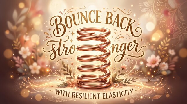Inspirational 'Bounce Back Stronger with Resilient Elasticity' concept with a metallic spring surrounded by floral elements and bokeh lights