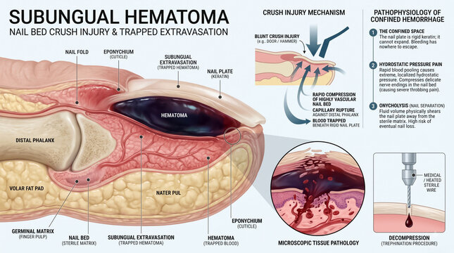 Detailed medical illustration showing subungual hematoma anatomy with cross section anatomy of damaged finger tissue and internal bone structures explained