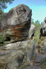 Massive sandstone boulder standing beside a narrow forest hiking trail © Vt