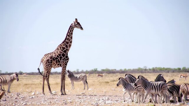 Majestic giraffe and herd of zebras grazing in the African savanna landscape