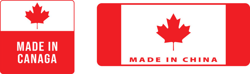 Fototapeta premium Made in Canada and Made in China rectangular label set with maple leaf flag icon in red and white flat style for product origin marking.