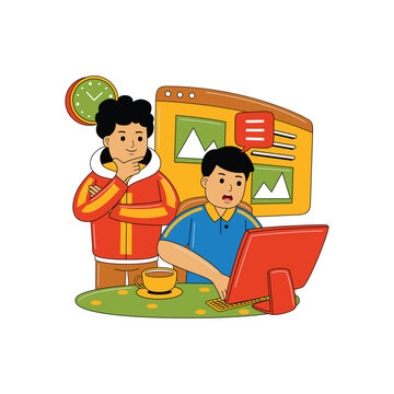 Two Characters Working at Computer, Flat Design Illustration