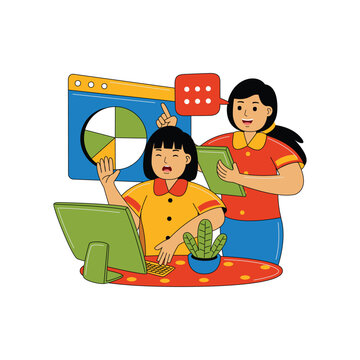 Two People Collaborating on Data Analysis Flat Illustration