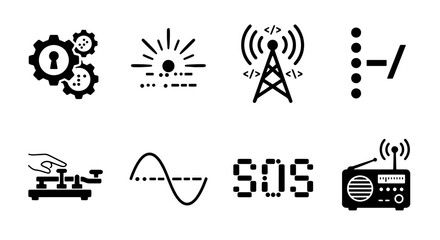 Communication Technology Icons: Radio, Signal Tower, Morse Code, SOS, Sunrise, Gears, Waveform, and More. Digital Vector Graphics for Connectivity Concepts. © Habib