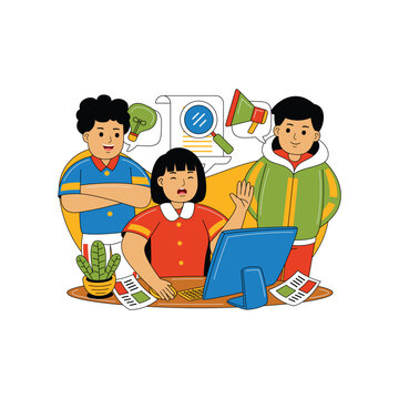 Team Collaborating on Project at Computer Flat Illustration