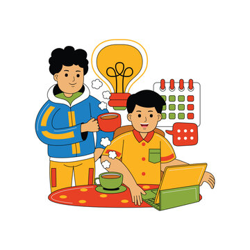 Two People Collaborating on a Project with Idea Lightbulb Illustration