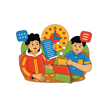 Two People Collaborating on Project at Desk, Flat Illustration