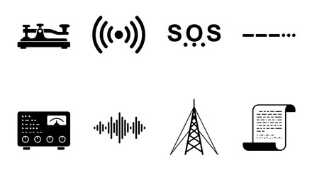 Communication Icons Set: Morse Code, Radio Waves, SOS Signals, Transmitter, Signal Tower, Vintage Telegraph, Sound Wave, Document © MdRakib