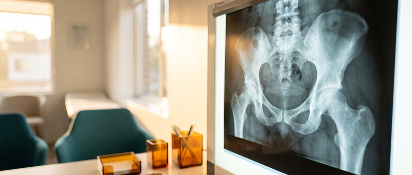 Pelvic bone radiograph showing detailed skeletal anatomy of the hip area on a professional lightbox. This scientific image is for medical education, anatomy textbooks, and trauma diagnosis.
