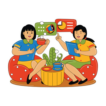 Man and Woman Communicating in Office Lounge, Flat Illustration