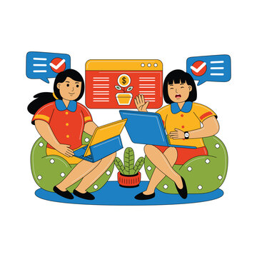 Two Women Working on Laptops with Financial Growth Illustration
