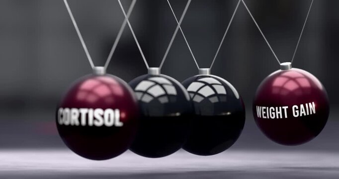 Cortisol and weight gain in vicious cycle. Cortisol causes weight gain. Newton cradle metaphor showing negative effects of cortisol. Can be looped
