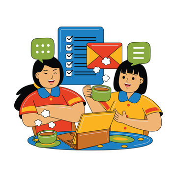 Two Women Collaborating on Laptop with Coffee, Flat Illustration