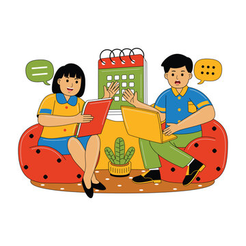 Boy and Girl Studying with Laptop and Calendar, Flat Illustration
