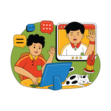 Boy Video Calling a Friend on Computer, Flat Illustration