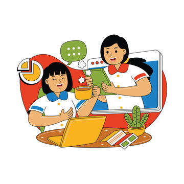 Two Students Collaborating via Video Call, Flat Illustration