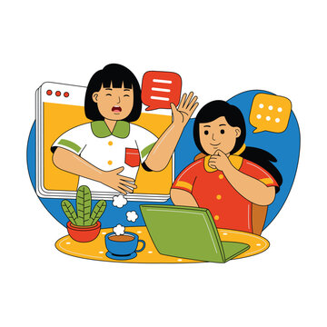 Two People in Video Call Flat Design Illustration