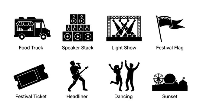Music Festival Icons Set: Food Truck, Speaker Stack, Light Show, Flag, Ticket, Headliner, Dancing, Sunset - Vector Graphics for Event Promotion