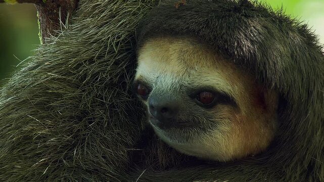 Close-up of a three-toed sloth hanging from a tree branch in lush green forest