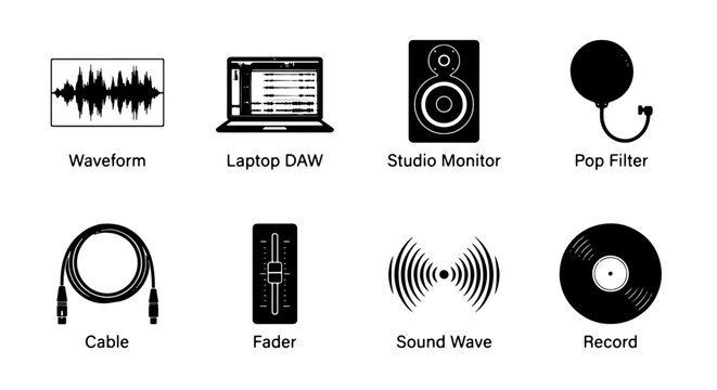 Audio Production Icons Set: Waveform, Laptop DAW, Studio Monitor, Pop Filter, Cable, Fader, Sound Wave, Record - Music Recording Equipment Vector Graphics