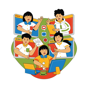 People Participating in Online Video Conference Call Illustration