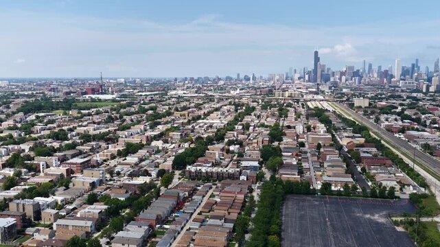 Aerial footage of apartments and homes in the skyline in Chicago Illinois USA