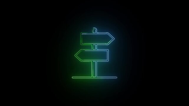 Blue and green glowing neon signpost icon with directional arrows pointing left and right an street