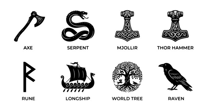 Norse Mythology Icons: Viking Axe, Serpent, Mjolnir, Thor Hammer, Rune, Longship, World Tree, Raven Symbols