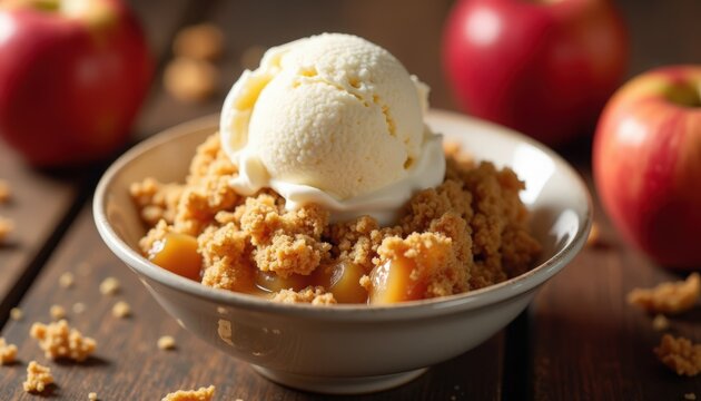 Apple crumble dessert in ceramic bowl topped with vanilla ice cream and caramel drizzle, warm spiced apple filling with buttery crumb topping,