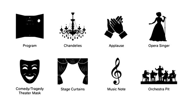 Theater and Performance Icons Set: Program, Chandeliers, Applause, Opera Singer, Masks, Curtains, Music Note, Orchestra Pit