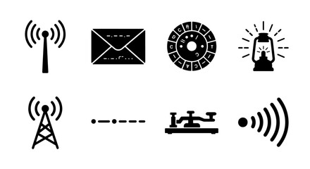 Communication Icons Set: Radio Towers, Envelope, Rotary Dial, Lantern, Morse Code, Telegraph, Signal Waves - Vintage Technology & Connectivity Graphics © Kamal