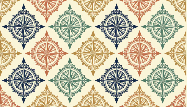 Ornamental compass rose pattern features repeating nautical designs in muted earth tones compasses maritime navigation