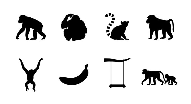 Primate Silhouette Collection: Monkey, Gorilla, Lemur Icons & Banana, Swing Graphics for Wildlife and Jungle Themes