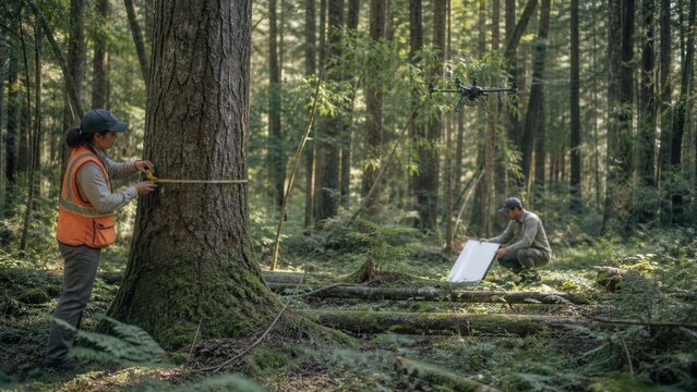 Forester measures a tree trunk while a drone-survey technician positions a white reflectance panel in a permanent sample plot