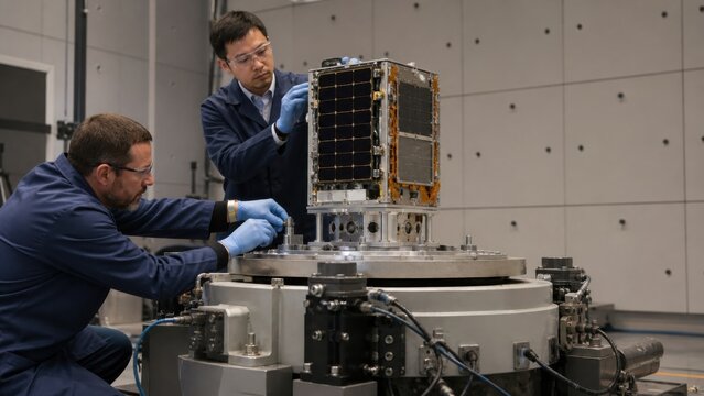 Test engineer secures a compact generic satellite to a mechanical shaker table while another checks witness fasteners by hand