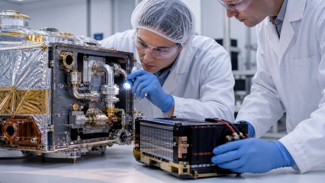 Propulsion technicians inspect a generic pressure-relief valve and disconnected energy-storage module on an end-of-life spacecraft engineering model