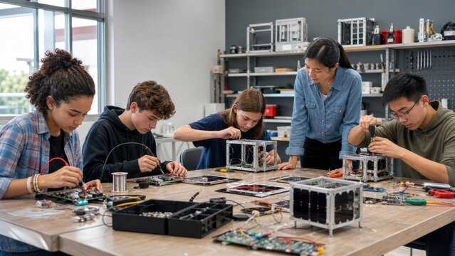 Diverse teenagers build separate power, radio and structure modules of a generic educational CubeSat with a teacher supervising safe tool use