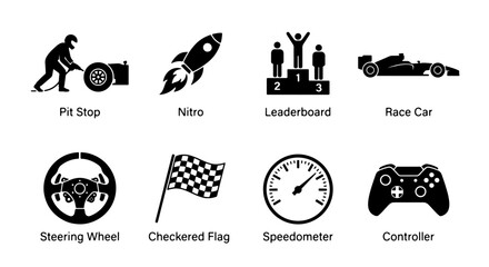 Naklejka premium Racing Icons Set: Pit Stop, Nitro Rocket, Leaderboard, Race Car, Steering Wheel, Checkered Flag, Speedometer, Controller, Vector Graphics for Speed and Competition