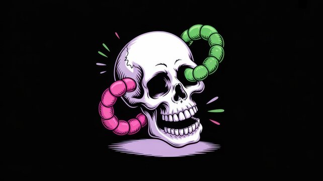 Stylized human skull illustration with colorful worms crawling through eye sockets.