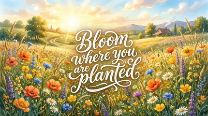 Obraz premium Inspirational floral landscape with 'Bloom Where You Are Planted' calligraphy in a sunny meadow at sunrise or sunset.