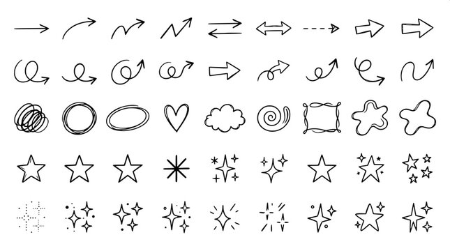 Collection of hand drawn doodle arrows curls frames and glittering stars with design elements bullet journal black and whit