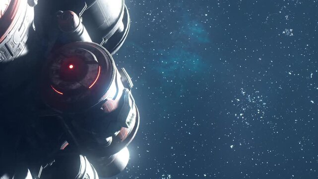 The image shows a close up view of a spacecrafts engine. The scene is set in outer space with stars visible in the background. The engine has lights and mechanical parts.