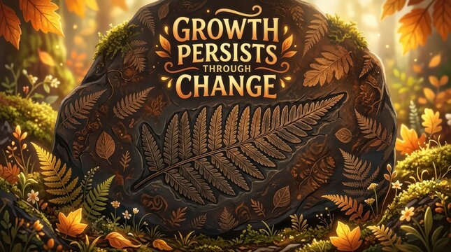 Inspirational quote 'Growth Persists Through Change' inscribed on a moss-covered stone amidst a vibrant autumn forest with falling leaves.