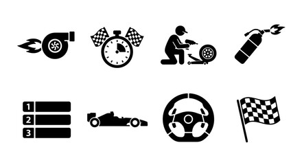 Naklejka premium Racing Icons Set: Turbocharger, Stopwatch, Mechanic, Fire Extinguisher, Podium, Race Car, Steering Wheel, Checkered Flag, Vector Graphics for Speed and Competition