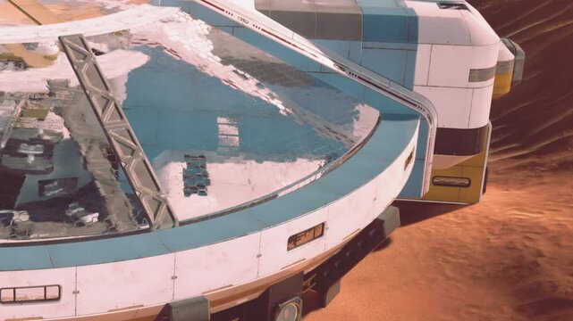 A habitat structure sits on the surface of Mars. The design features reflective surfaces. The landscape shows red soil and rocks with minimal features. The sun shines brightly.